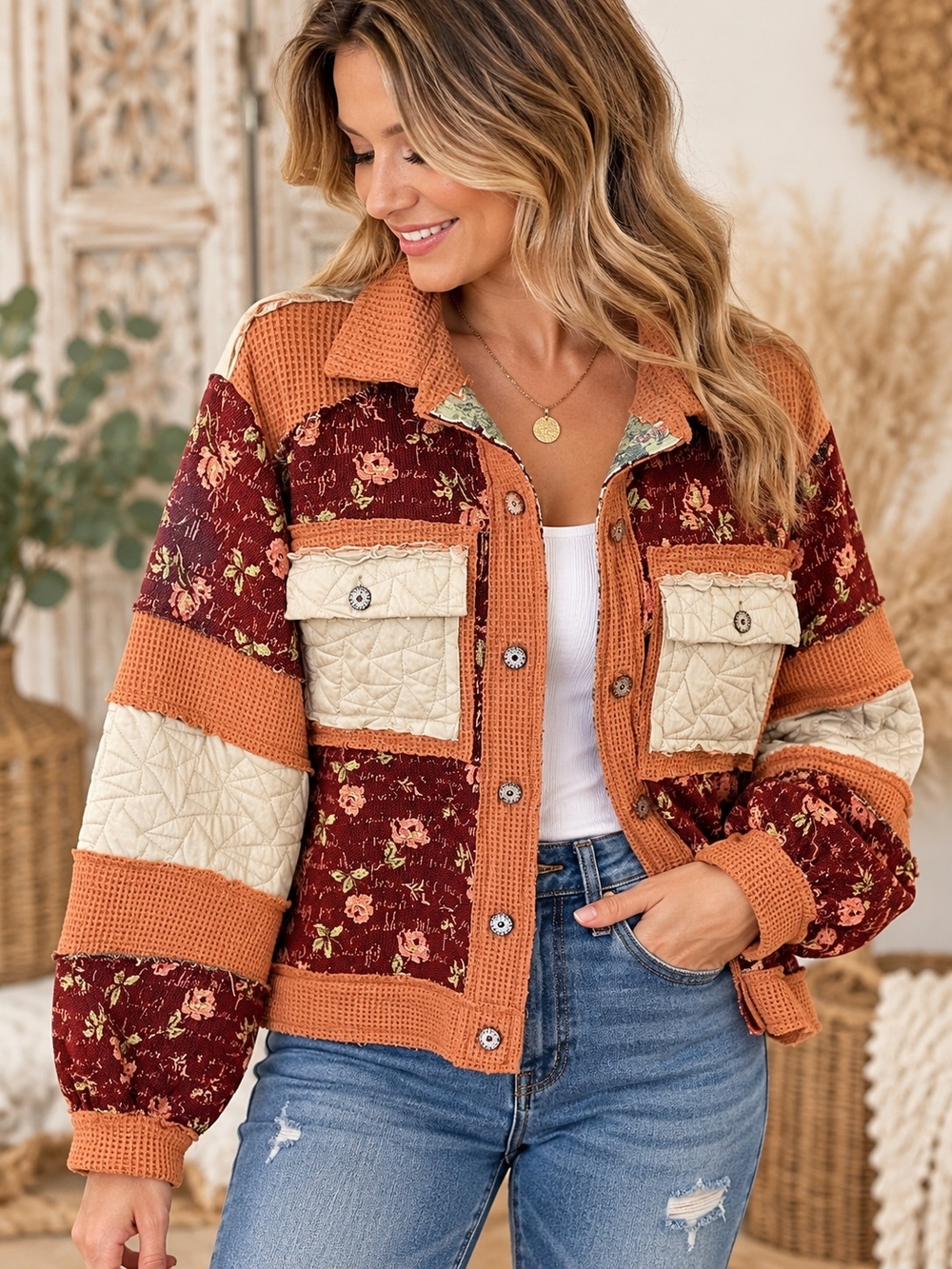 POL Patchwork Quilted Floral Boho Jacket Shacket Size Small Rust Burgundy